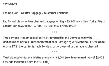 Excerpt of a sample BagBack claim letter to Example Air: a formal claim for a checked bag lost on flight EX 101 from New York to London, citing the Montreal Convention, Article 17(2), and claiming $2,081, the full liability limit